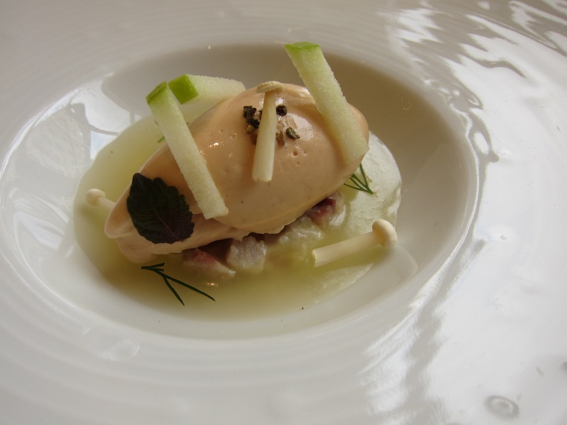 IMG_1419.JPG - Amuse bouche - foie gras mousse with green apple, enoki mushrooms, smoked eel cubes in eel consomme
