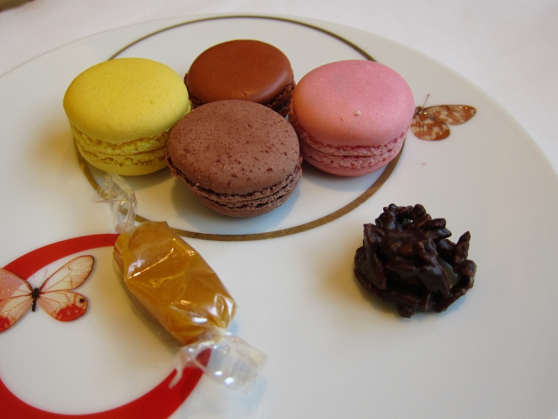 IMG_1446.JPG - Macarons: lemon, chocolate, salted caramel, strawberry, plus salted caramel and dark chocolate almond cluster