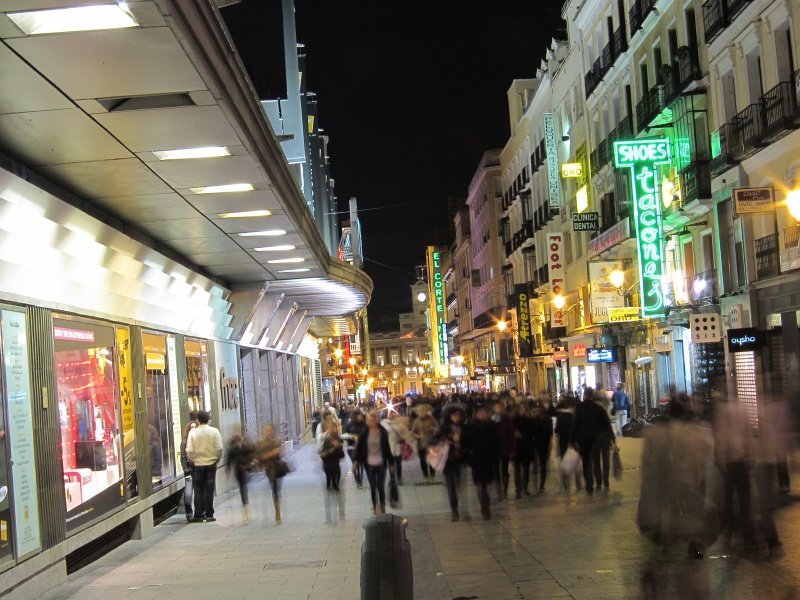 IMG_2625.JPG - Busy pedestrian thoroughfare Preciados between Gran Via and Puerta del Sol.  Lot of people walking around at 10pm.