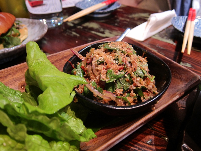 IMG_3217.JPG - Laab Ped (duck salad) - minced duck, roasted rice, herbs and a fiery dressing, served with lettuce cups