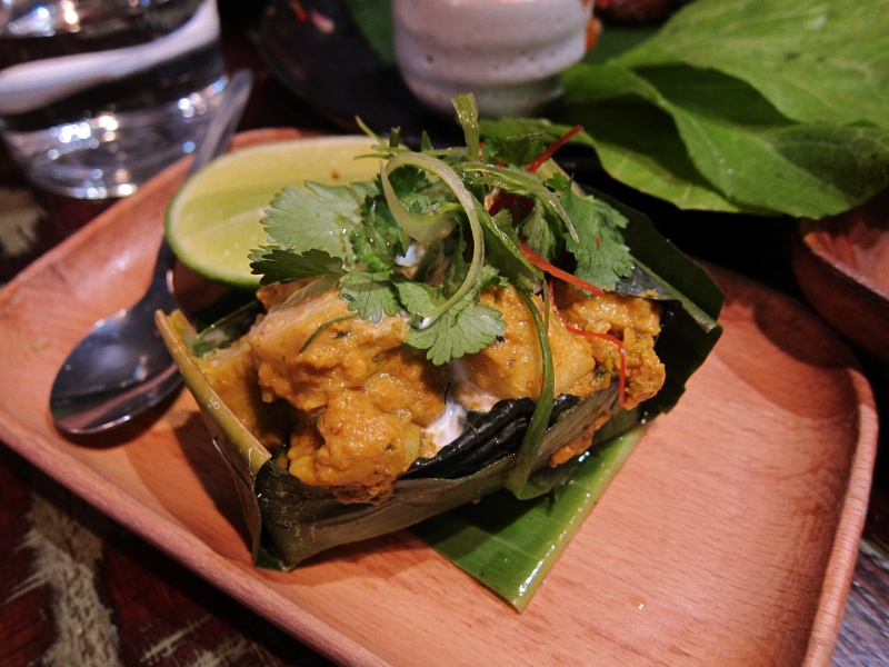 IMG_3222.JPG - Amok (Cambodian steamed fish) - marinated in coconut cream and spices, wrapped in betel and banana leaf