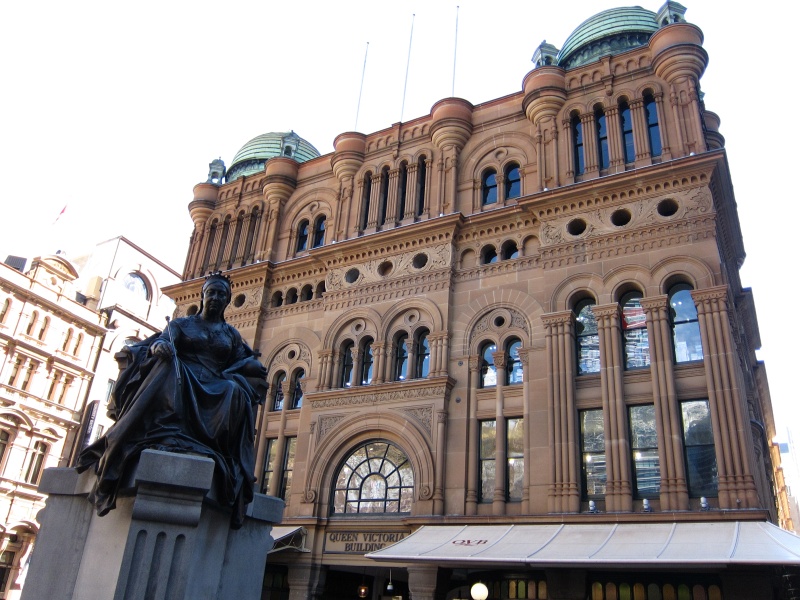 IMG_2629.JPG - Queen Victoria Building (QVB) and statue.  The Romanesque-style building opened in 1898, replacing the original Sydney markets on the same site.