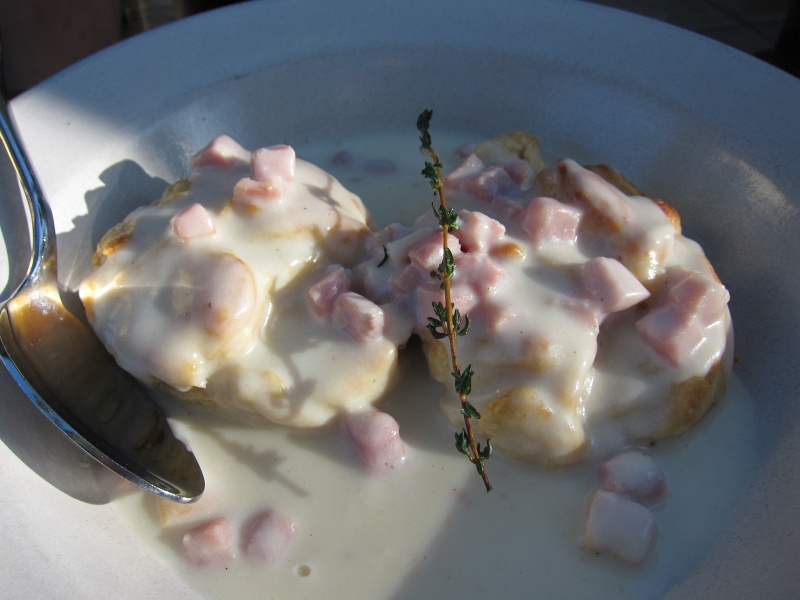 IMG_0604.JPG - Biscuits and gravy, canadian bacon, crispy thyme