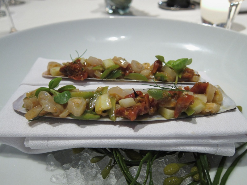 IMG_2317.JPG - Cannolicchi - marinated razor clams, tomato pesto, eggplant escabche