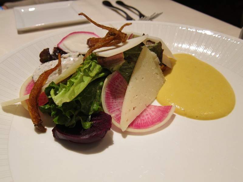 IMG_1505.JPG - Ode to My Wife, part III - Landscape of greens with pickled beets, madras curried carrots, fresh and aged cheeses, pool of golden beet borscht