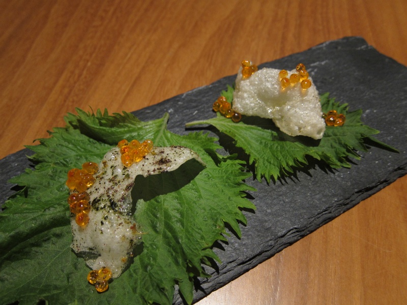 IMG_0036.JPG - A shallow pool stirs: rice cracker, nori (seaweed) powder, trout roe, shiso (deconstructed sushi)