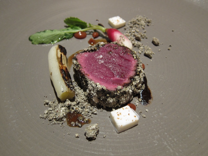 IMG_0060.JPG - The game is finished: New Zealand venison, smoked for 30 days in vegetable ash, smoked goat cheese, grilled leeks, black garlic sauce, baby radish