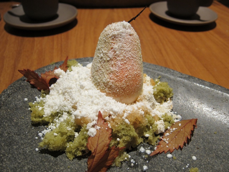 IMG_0073.JPG - Above, a light snow falls: hand-molded pear sorbet in the shape of a pear, toasted vanilla bean stem, with sage cake, quince granita, greek yogurt snow, and hibiscus leaves.  (The Greek yogurt snow is now famous after the chef won Iron Chef with the yogurt ingredient).