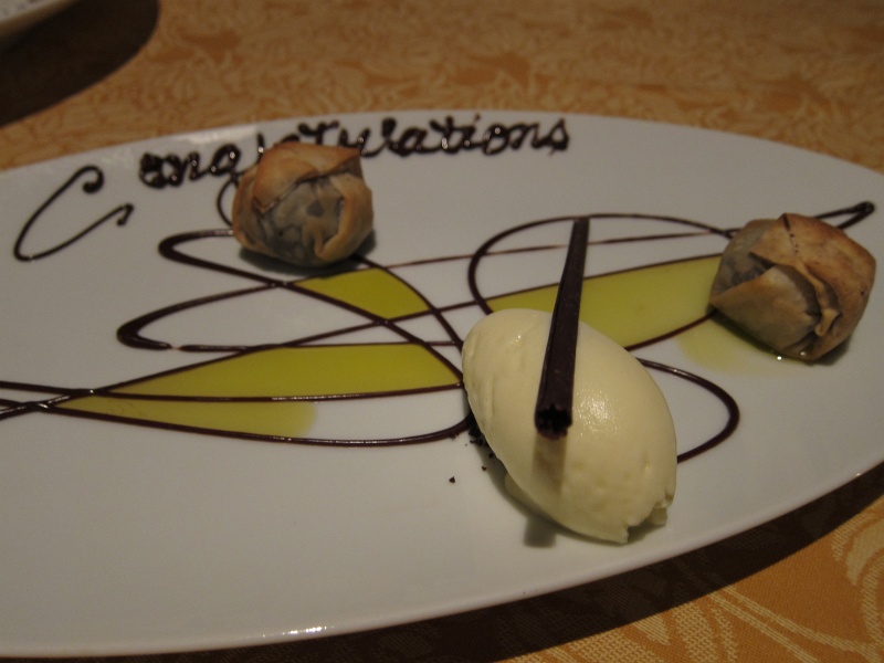 IMG_0579.JPG - Course 4a: crisp filo wrapped chocolate dumplings, tarragon ice cream, Arbequina olive oil