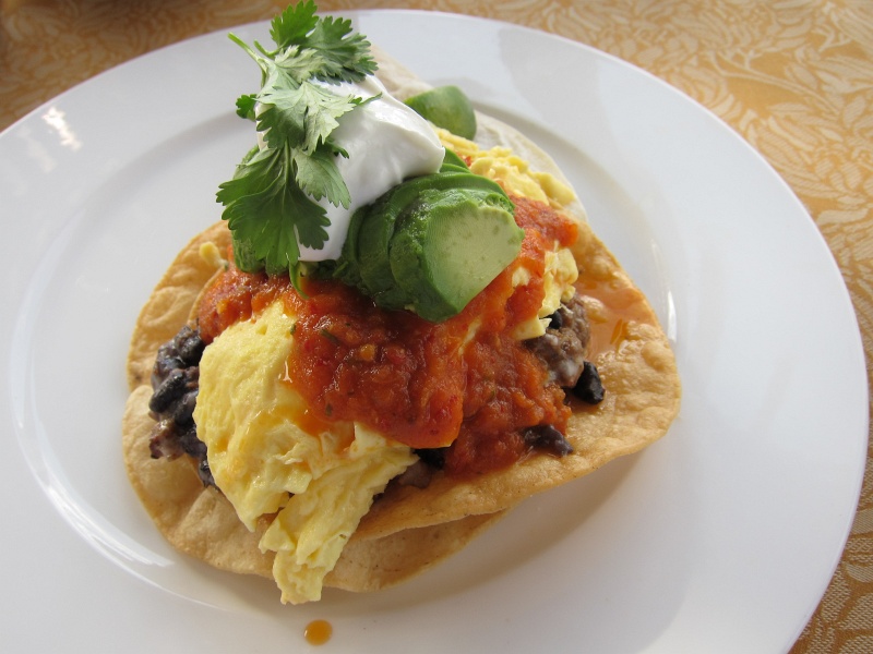 IMG_0592.JPG - Breakfast: huevos rancheros, scrambled eggs, chorizo, black beans, avocado