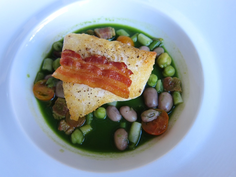 IMG_4301.JPG - Sauted northern halibut, string beans, shell beans, bacon, basil broth