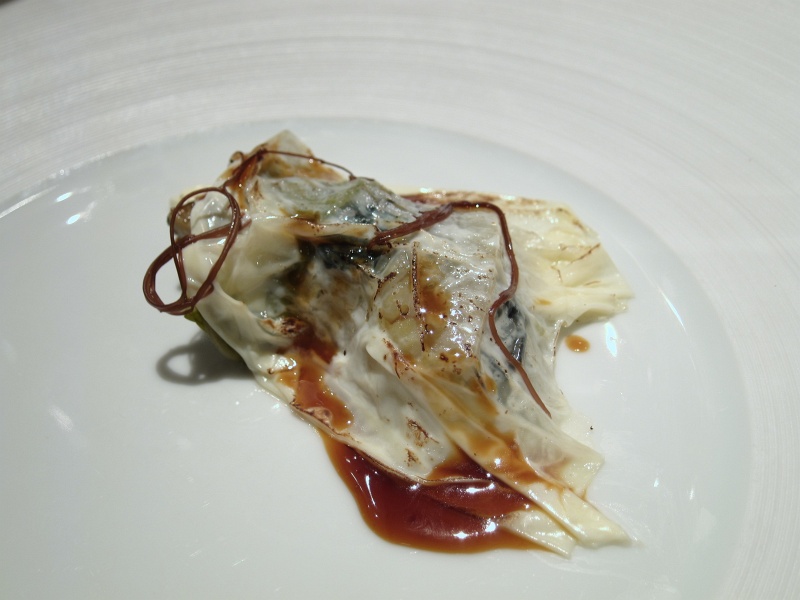 IMG_3843.JPG - Monterey red abalone, mermaid's hair (seaweed), chamomile, milk skin, chicken jus