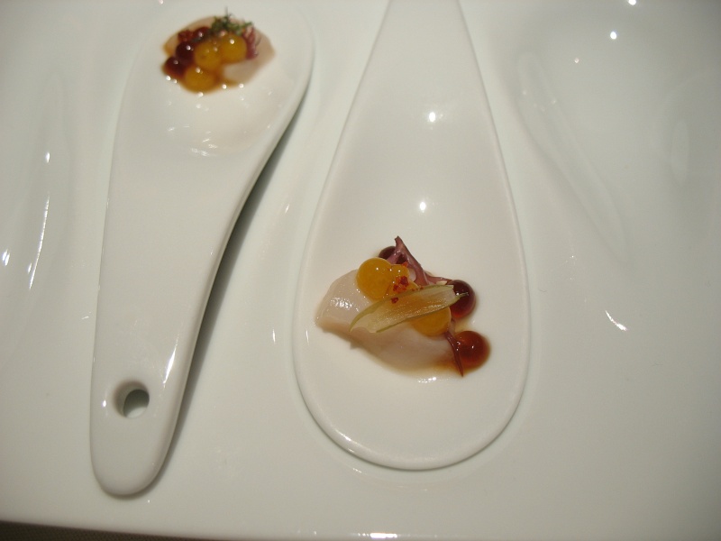 IMG_5175.JPG - Amuse bouche - scallop sashimi, pearls of Tamari soy sauce and passionfruit, fresh nori seaweed, slice pepper
