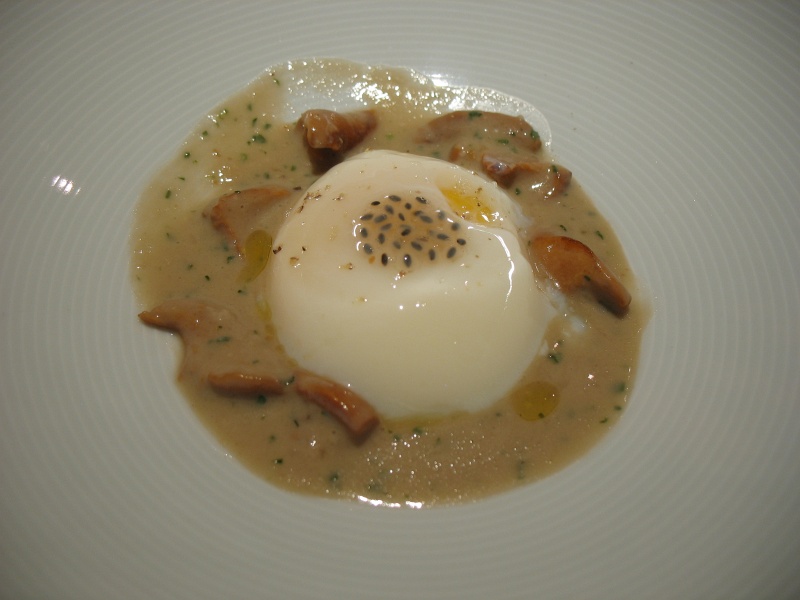 IMG_5179.JPG - 62 egg (poached), basil seed and tomato water gele, porcini mushroom veloute with chanterelles