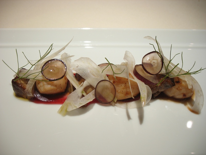 IMG_5180.JPG - Seared foie gras and Peruvian lantern scallops, shaved fennel and grapes, verjus sauce with Espelette pepper