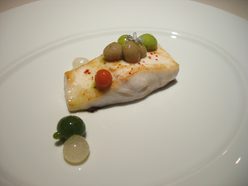 IMG_5181.JPG - Halibut with rosemary flower and "ratatouille" pearls: basil (dark green), basil aioli (light green), eggplant (olive), tomato (red), tomato water (clear)