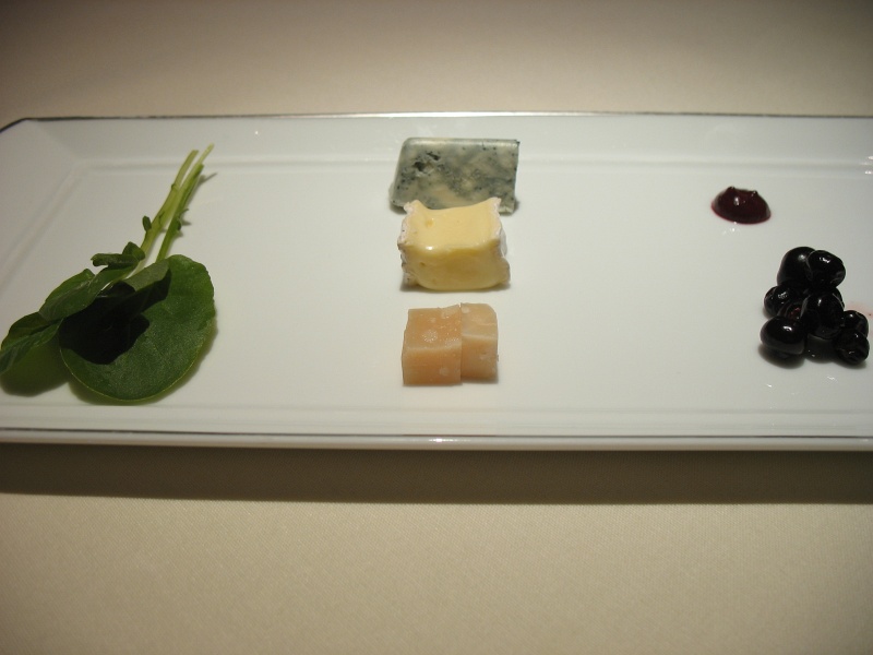 IMG_5187.JPG - Three cheese tasting (Point Reyes Blue, Sonoma Camembert, goat cheese), watercress, huckleberry