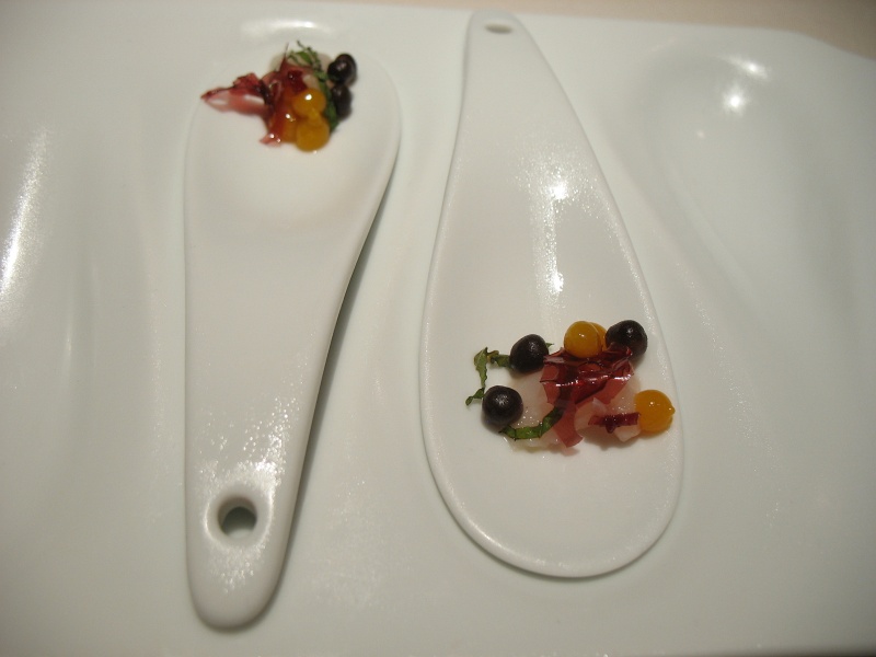 IMG_5188.JPG - Amuse bouche reprised - lychee, pearls of cacao and passionfruit, strawberry film, mint