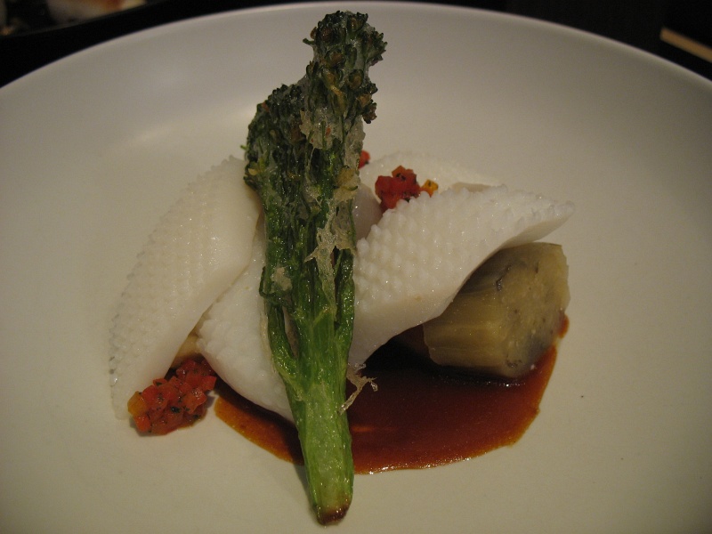 IMG_5206.JPG - Course 3b: big fin squid, pork belly, eggplant, broccolini, onion, fermented pepper