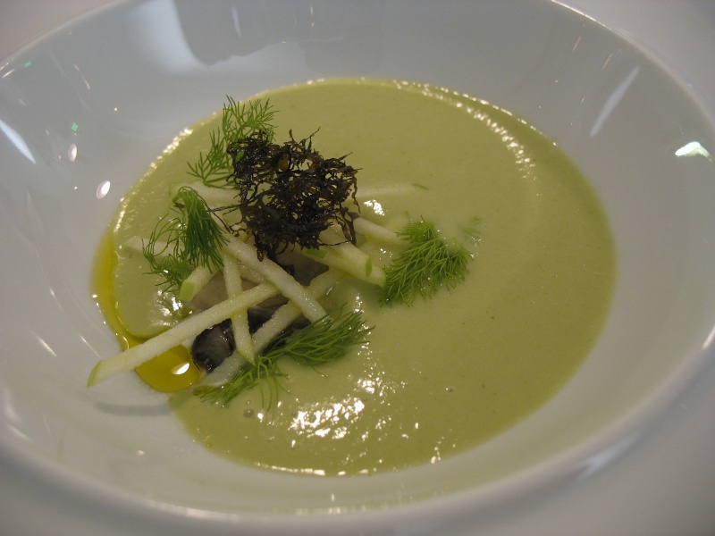 IMG_4754.JPG - Chilled Fennel Bulb Soup, marin oysters with dulse, apple, lemon balm
