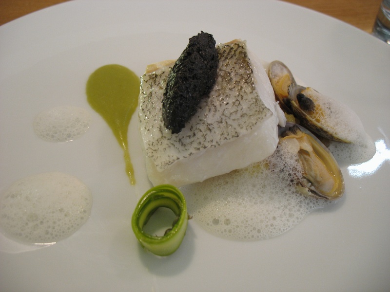 IMG_4759.JPG - Confit of Atlantic Cod, green garlic pudding, black trumpet quenelle, clams and clams emulsion foam