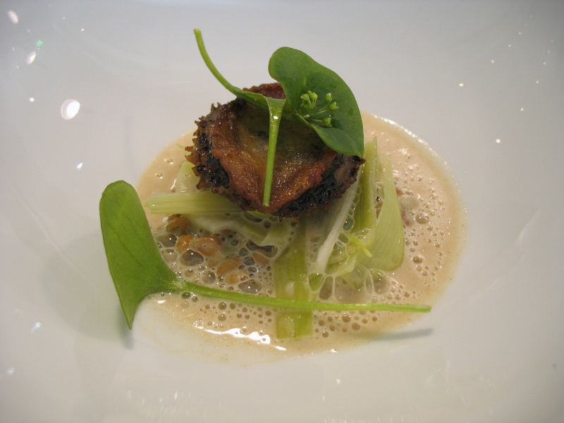 IMG_4760.JPG - Baby Abalone Cooked in Brown Butter, farro grain with mint and meyer lemon, leeks, levain bread sauce