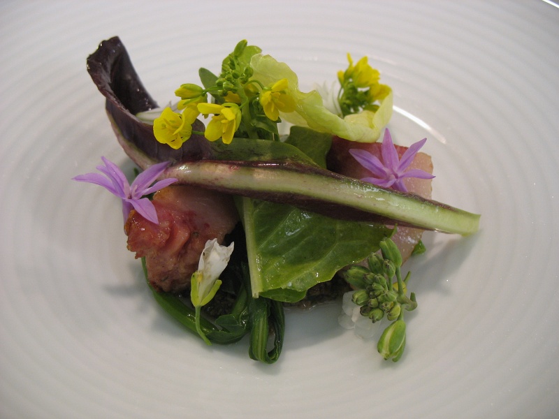 IMG_4761.JPG - Corned Pork Jowl Salad, morels stewed with herbs, chicory leaves, and flowering rabe
