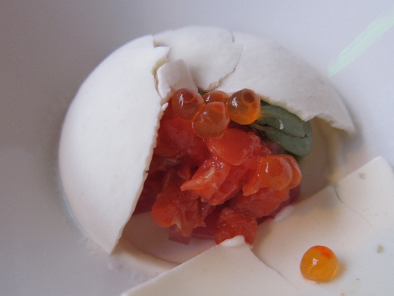 IMG_2313.JPG - Sockeye salmon tartare and roe, frozen horseradish dome