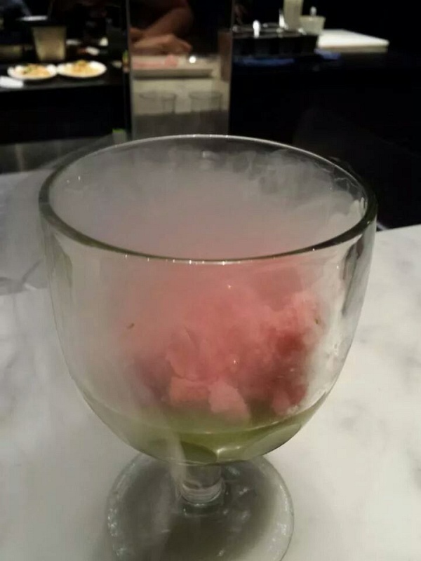 IMG_682506382060204.JPG - Cucumber-mint gazpacho with liquid nitrogen frozen strawberry "neblina"
