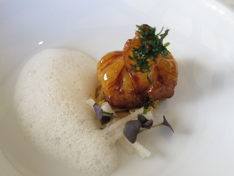 IMG_2231.JPG - Course 2 - Glazed gulf shrimp with banana blossoms, coconut milk froth, and Asian pear