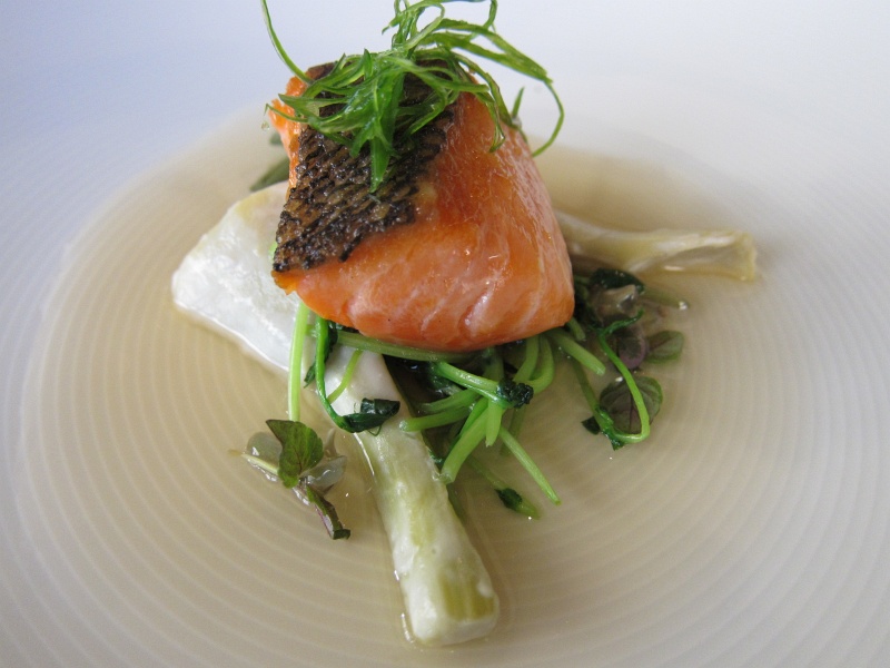 IMG_2234.JPG - Course 3 - King salmon (Copper River) with artichokes in sake lees, pea sprouts and dashi