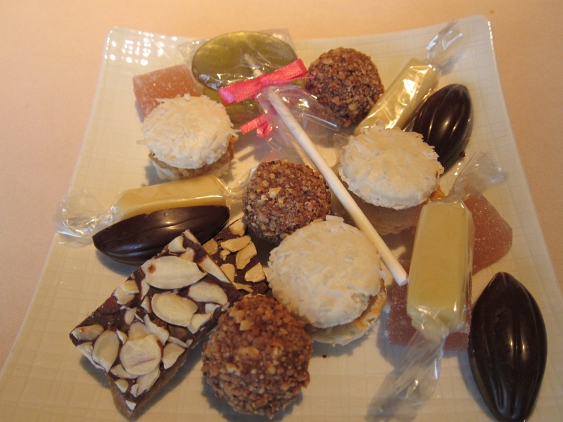 IMG_2264.JPG - More dessert - dark chocolate caramel, toffee, coconut macaron, truffle with brown butter, lychee ptes de fruit