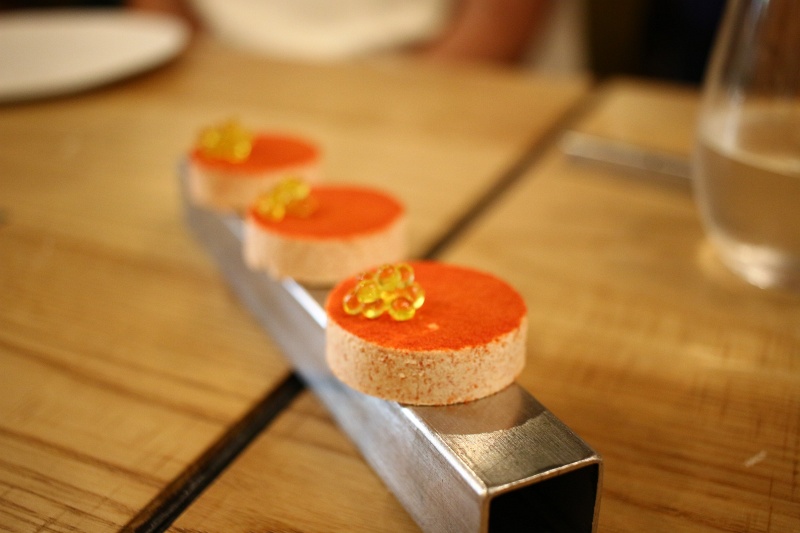 IMG_1914.JPG - Tomato "polvorn" (shortbread cookie) with arbequina olive oil caviar