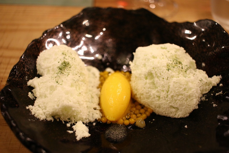 IMG_1934.JPG - Pandan leaf "air" with mango sorbet and mango caviar, with pandan infusion on top
