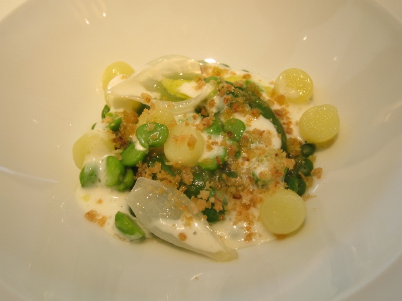 IMG_2355.JPG - English pea ravioli - new crop potatoes, white pearl onions, pea tendrils and Parmesan cream
