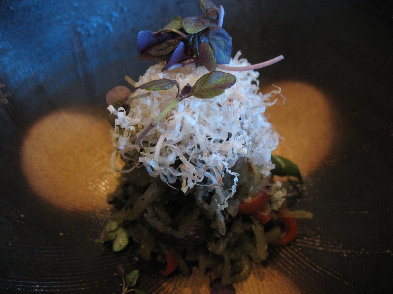 IMG_5050.jpg - Sakizuke (starter): spaghetti squash salad with string beans, red bell pepper, shiitake mushroom and micro shiso, black sesame flavor, topped with dried bonito threads