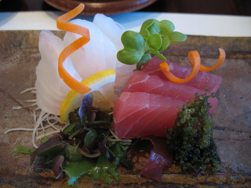 IMG_5052.jpg - Sashimi: hirame, maguro tuna, with shiso, micro greens, "sea grapes" ( Caulerpa lentillifera ) and assorted kelp