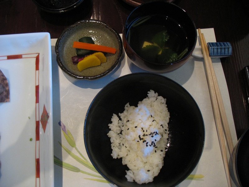 IMG_5060.jpg - Yakimono (grilled dish): clear soup, pickled vegetables, black seasame rice