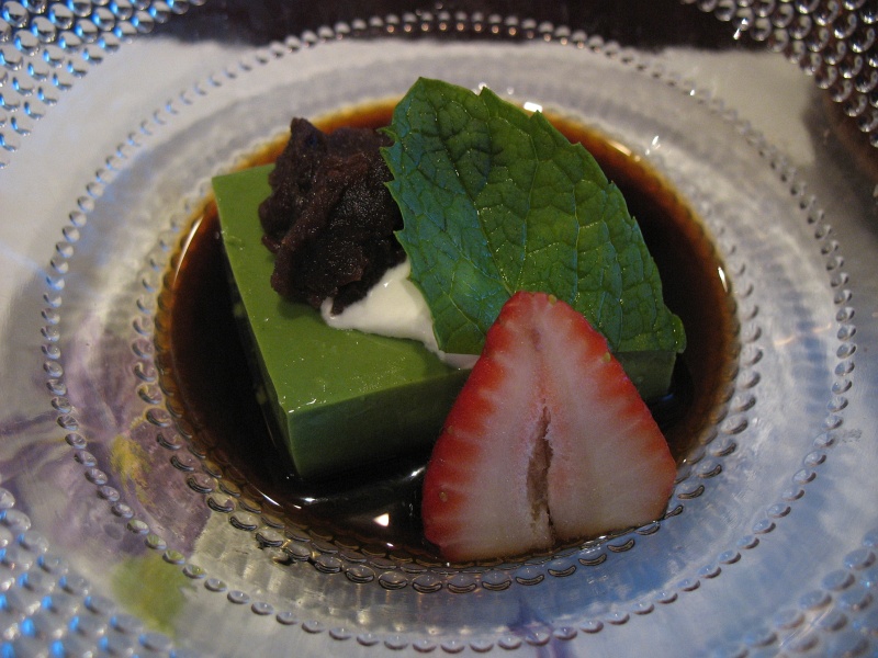IMG_5063.jpg - Dessert: green tea bavarois (similar to tofu or pudding) with Japanese molasses, strawberry, mint and whip cream