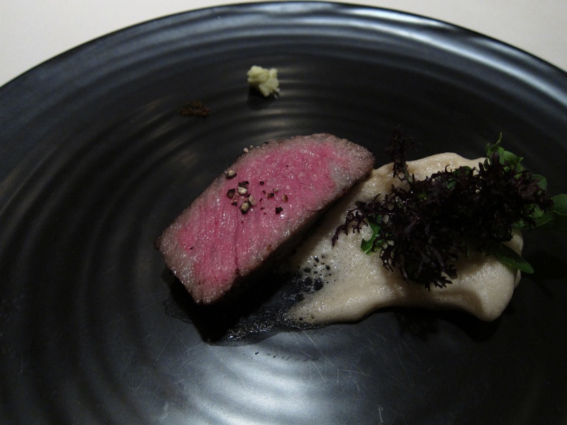 IMG_3824.JPG - A5 Wagyu - cooked 40 minutes at 260 degrees, with yuzu-soy foam and honwasabi