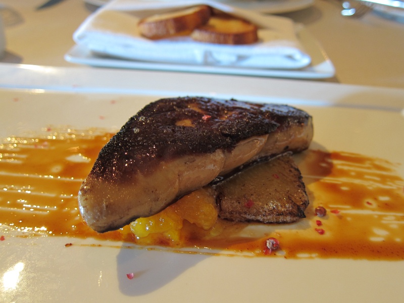 IMG_1912.JPG - First course: seared artisan foie gras with peppered compressed pineapple, apricot and spiced rum gastrique