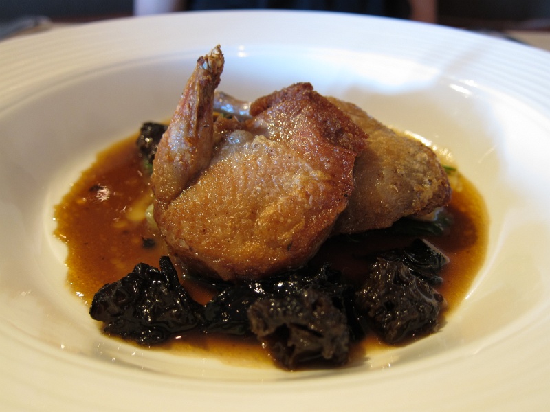 IMG_1921.JPG - Third course: Wolfe Farm quail with baby spinach, green garlic and black trumpet mushrooms