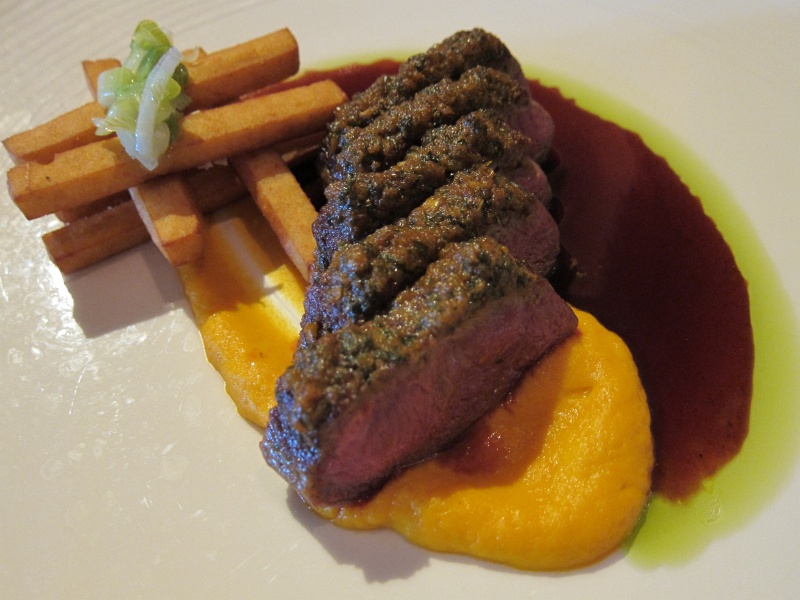 IMG_1928.JPG - Fourth course: boneless lamb loin with cumin scented carrot pure and chick pea fries