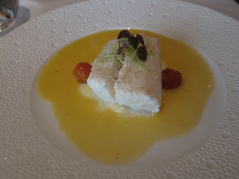 IMG_0696.JPG - Halibut - poached, opal basil and shaved fennel, red miso citrus emulsion