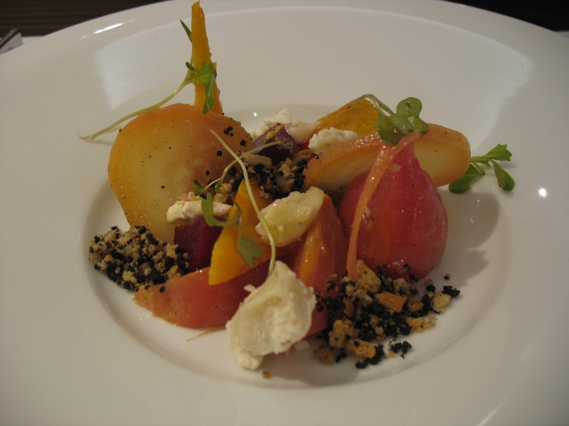 IMG_4713.JPG - Baby heirloom beets, truffle tremor, goat cheese, rye and olive oil