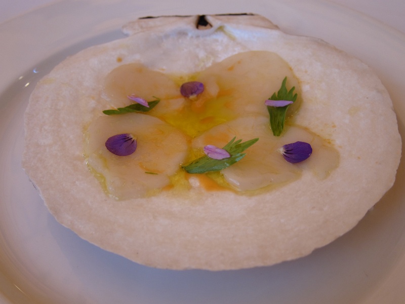 IMG_3402.JPG - Course #2 - Scallop crudo, lovage, flowers