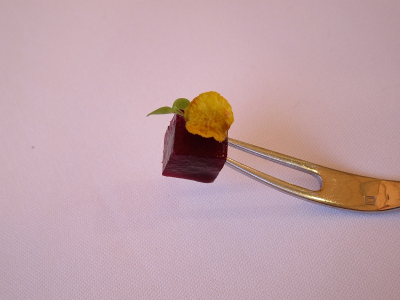 IMG_3407.JPG - Prelude to course #4 - roasted beet in aged balsamic, golden beet chip