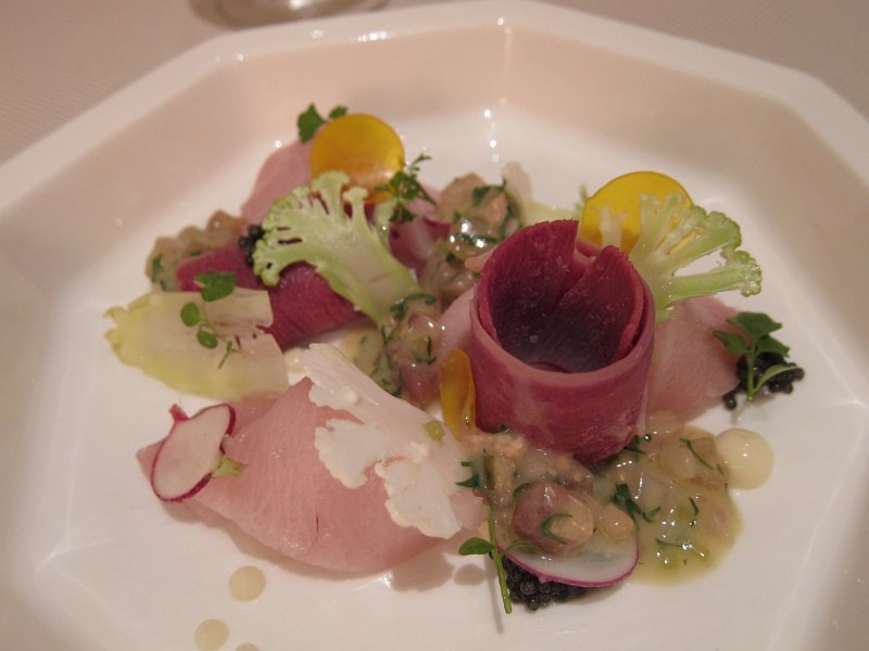 IMG_1839.JPG - Veal tongue and hamachi, caviar, raw and pickled cauliflower, veal tendon suc