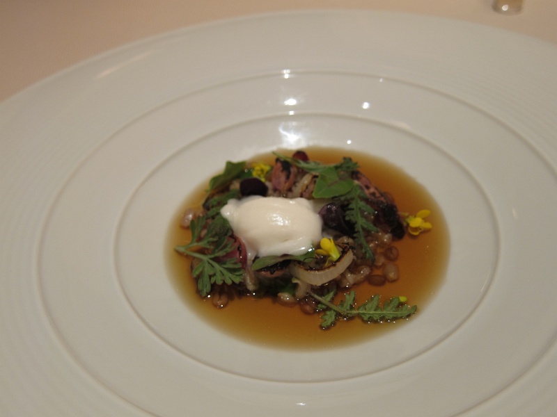 IMG_1840.JPG - Charred vegetable bouillon, toasted grains, whipped bacon fat, borage pure