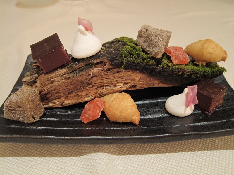IMG_1859.JPG - Petit fours on Meadowood moss log - (bottom row) dehydrated almond cake, campari candy, croissant with goat cheese, plum marshmallow, chocolate ganache